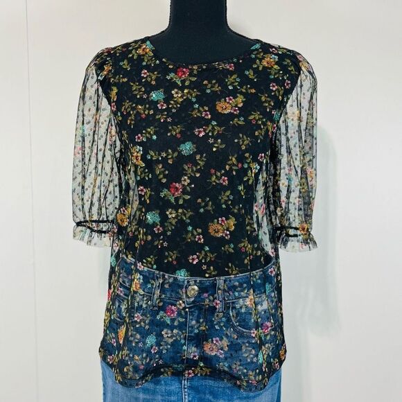 Tiny Willow Sheer Net Puff Sleeve Swiss Dot Floral Blouse Black Women’s S/M - Picture 1 of 14